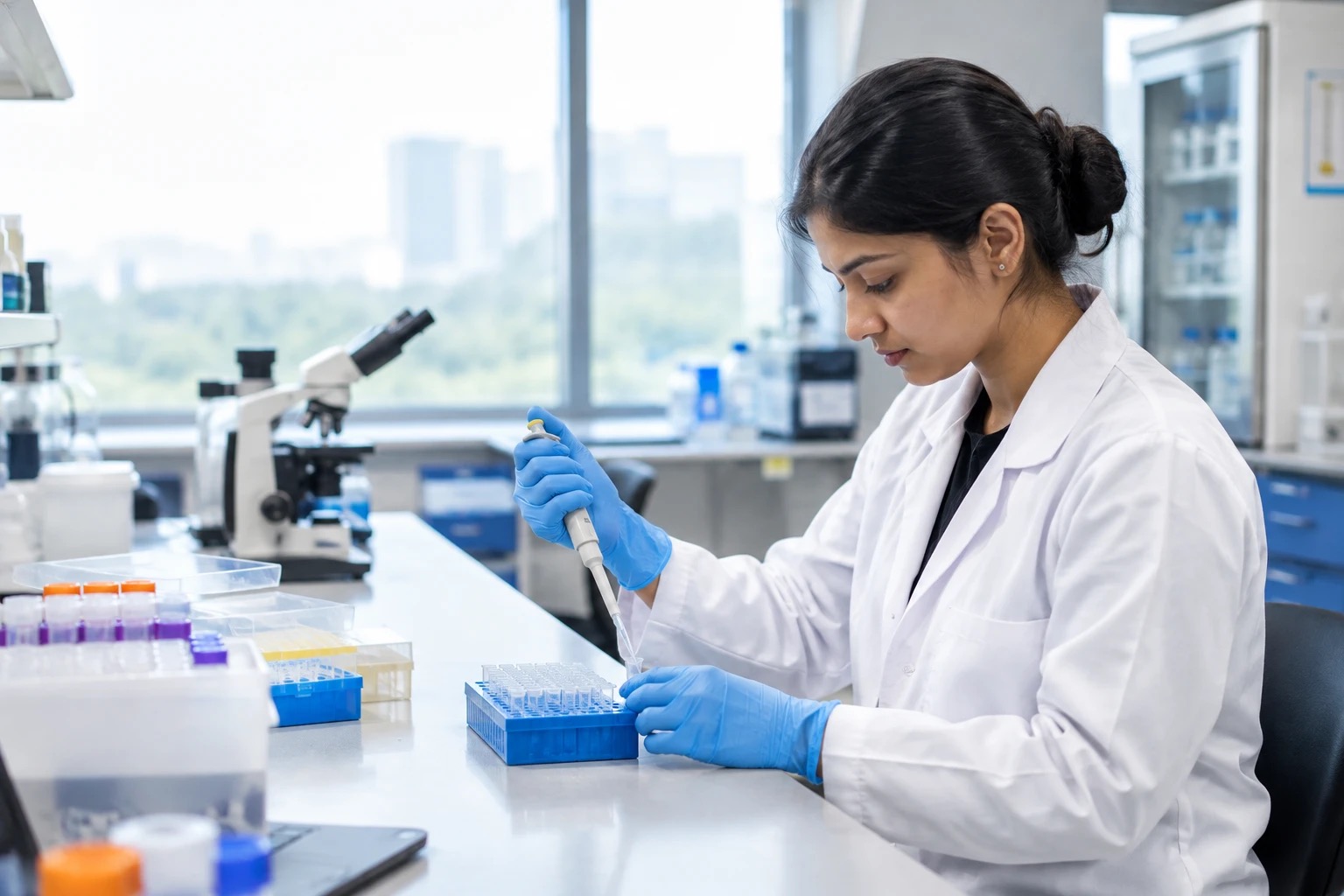 Researcher using a laptop in a laboratory