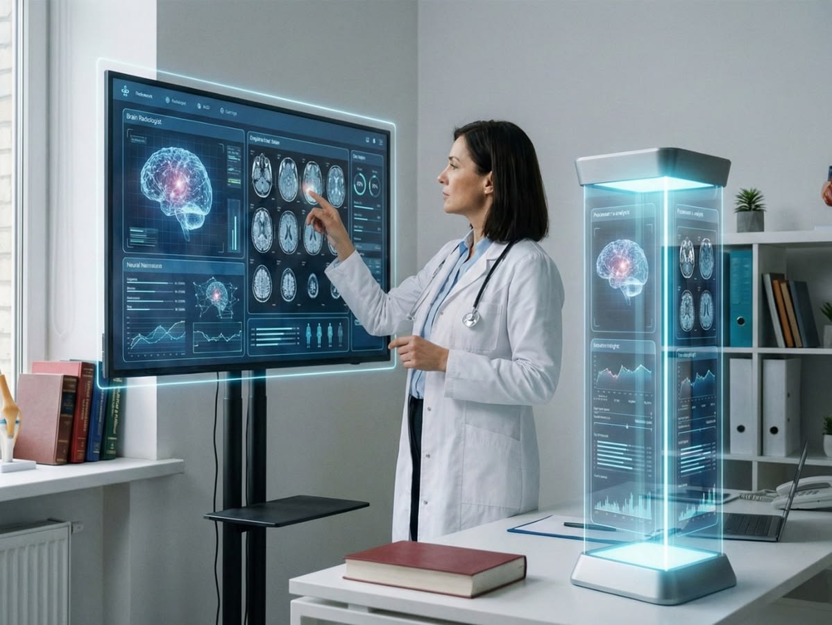 Doctor reviewing AI-assisted brain imaging analysis on a digital display