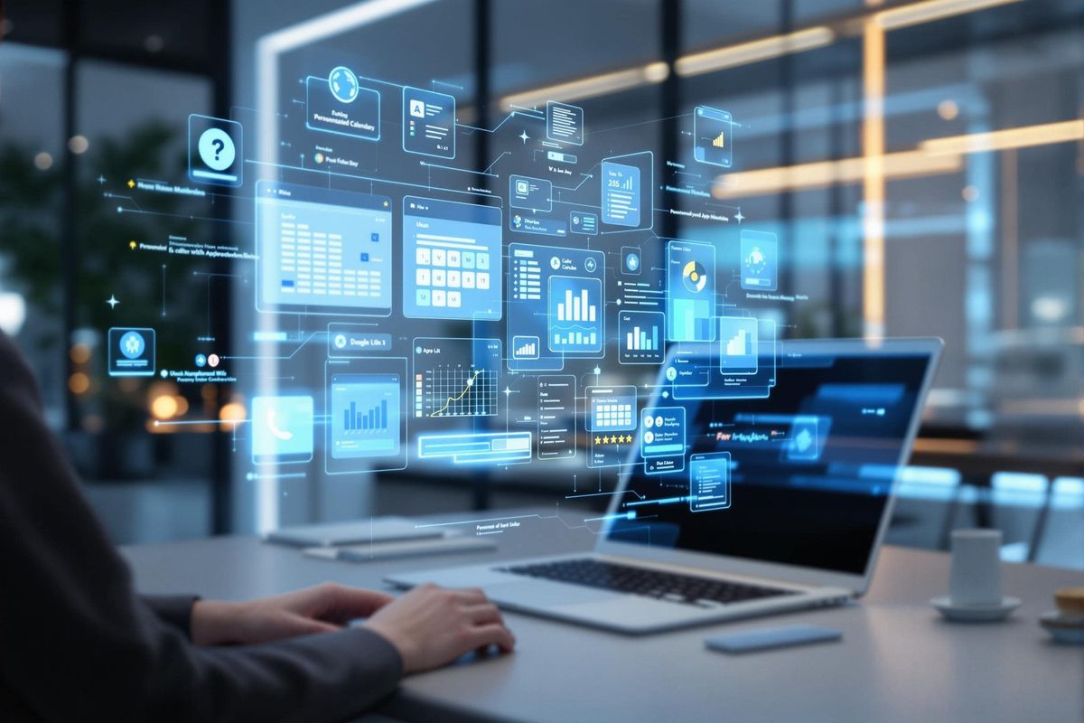 Professional reviewing an interactive digital curriculum dashboard on a laptop