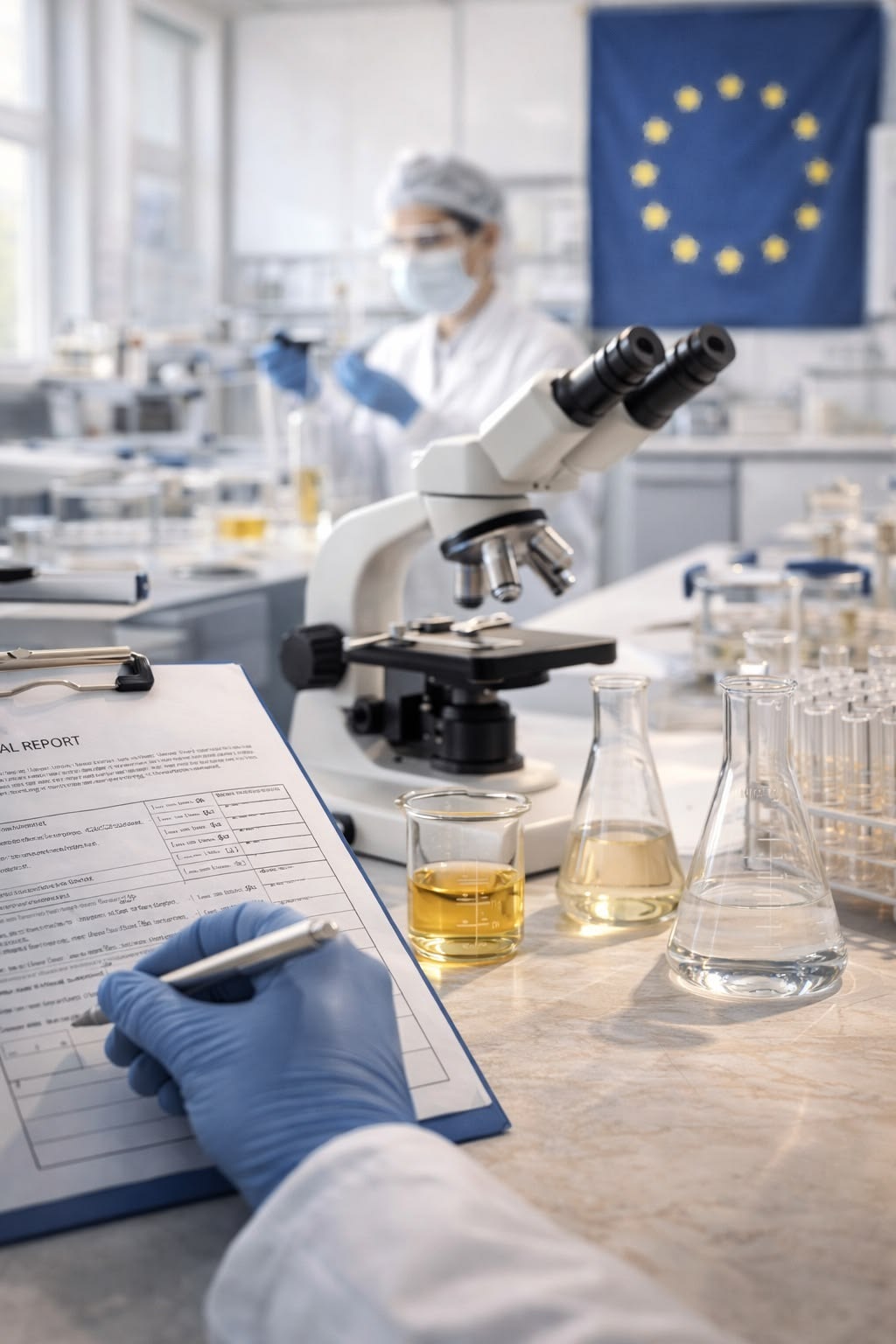 Close-up of a pipette dispensing liquid into a vial