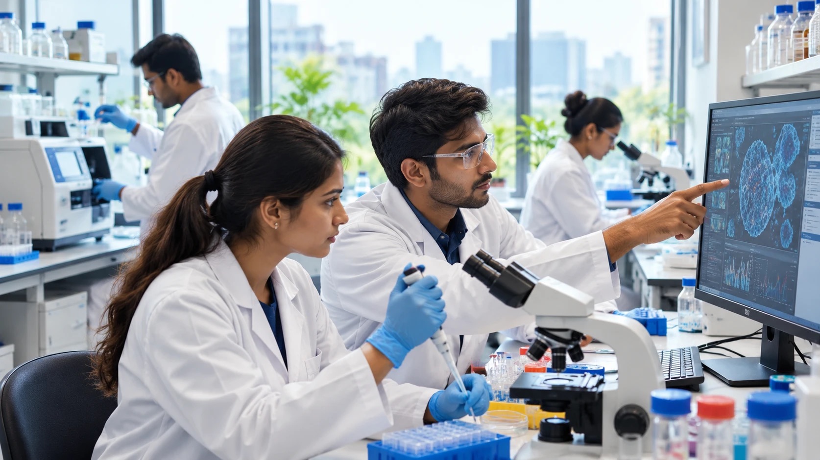 Team of researchers analyzing data in a laboratory